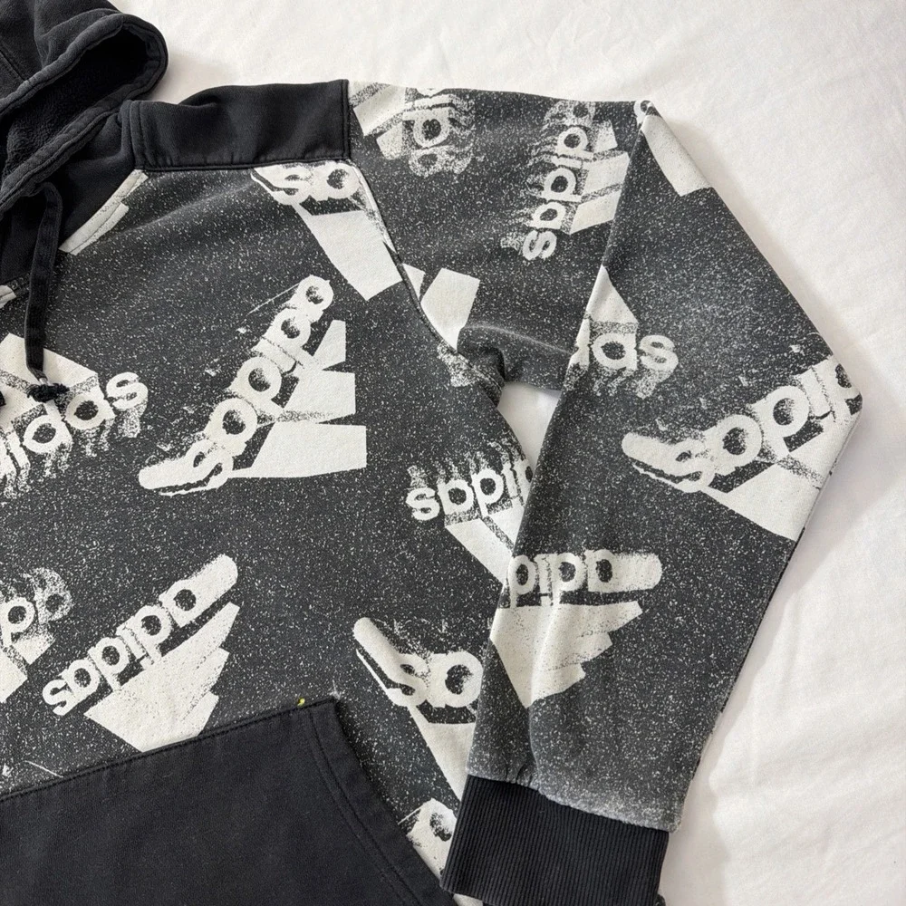 Adidas Mens All Over Logo Print Hoodie Black White Distressed Graphic Sweatshirt